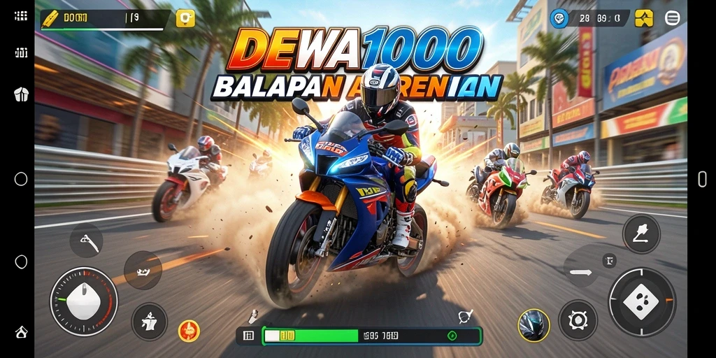 Gameplay DEWA1000 menampilkan balapan motor yang seru dan menegangkan.