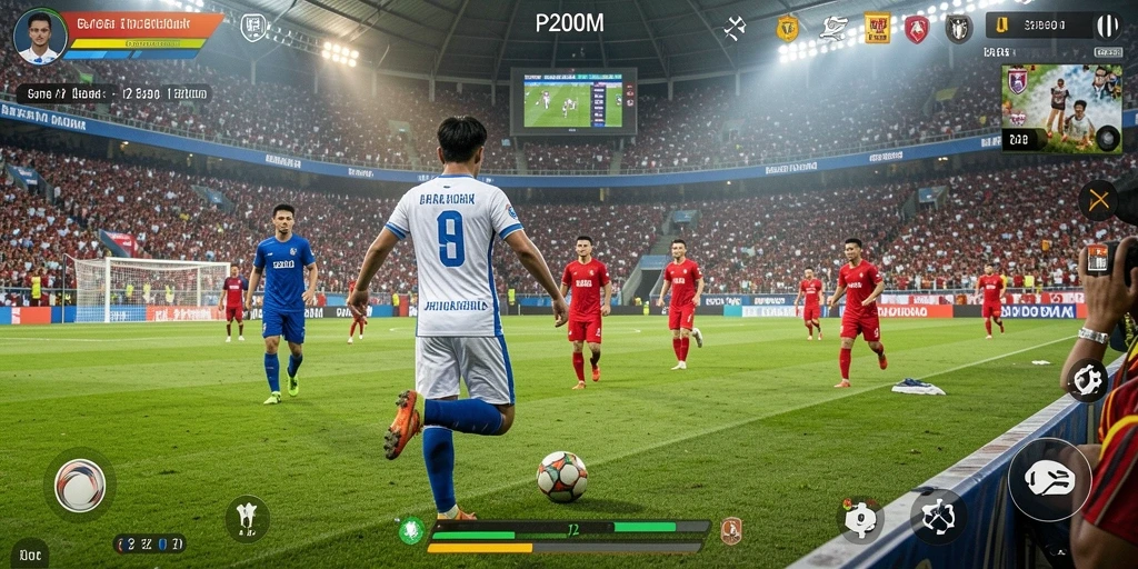 Tampilan gameplay menarik dari P200M menampilkan aksi sepak bola yang mendebarkan.